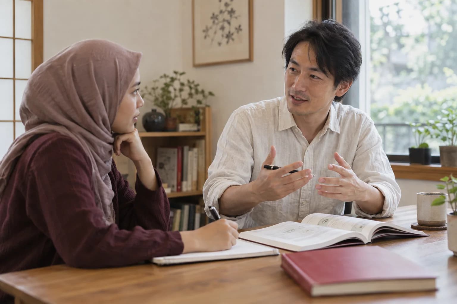 Seorang pembelajar berlatih percakapan dengan pengajar Jepang