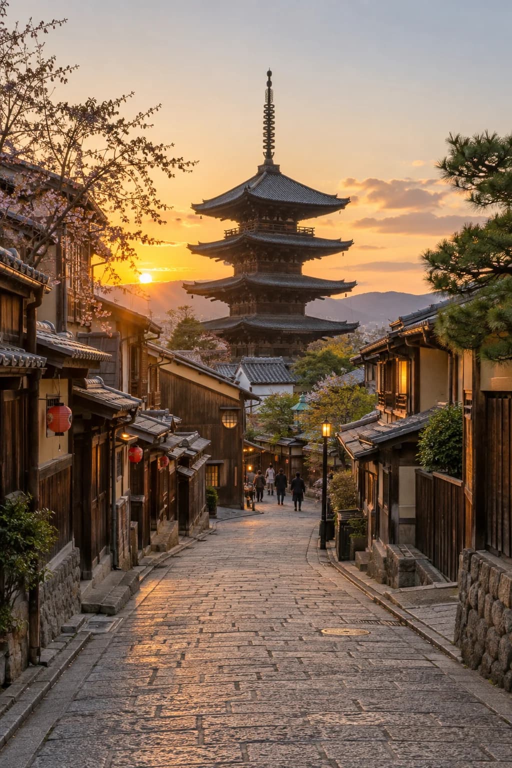 Jalan tradisional Higashiyama dan Pagoda Yasaka di Kyoto saat senja