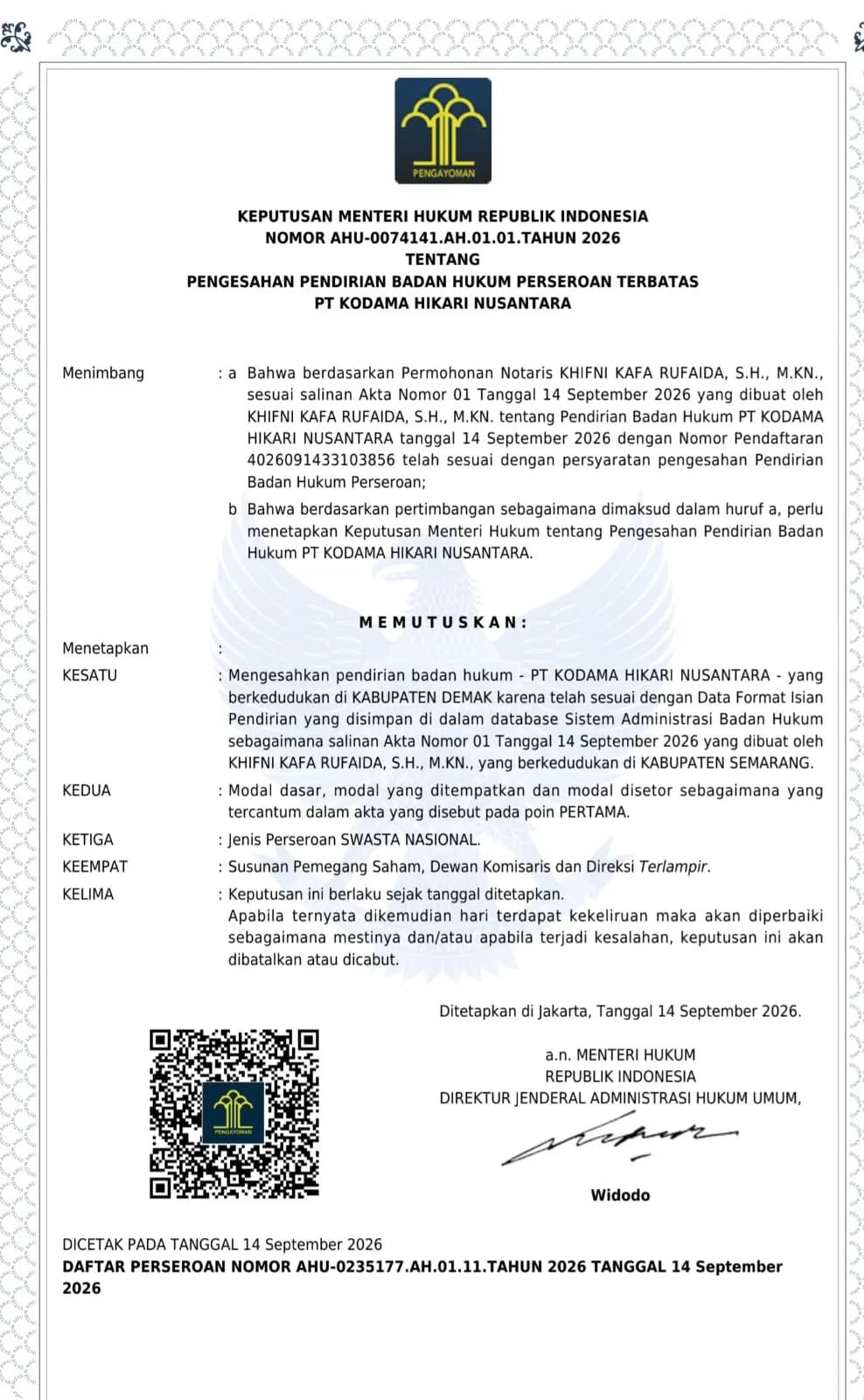 Keputusan Menteri Hukum Republik Indonesia tentang pengesahan pendirian badan hukum PT Kodama Hikari Nusantara