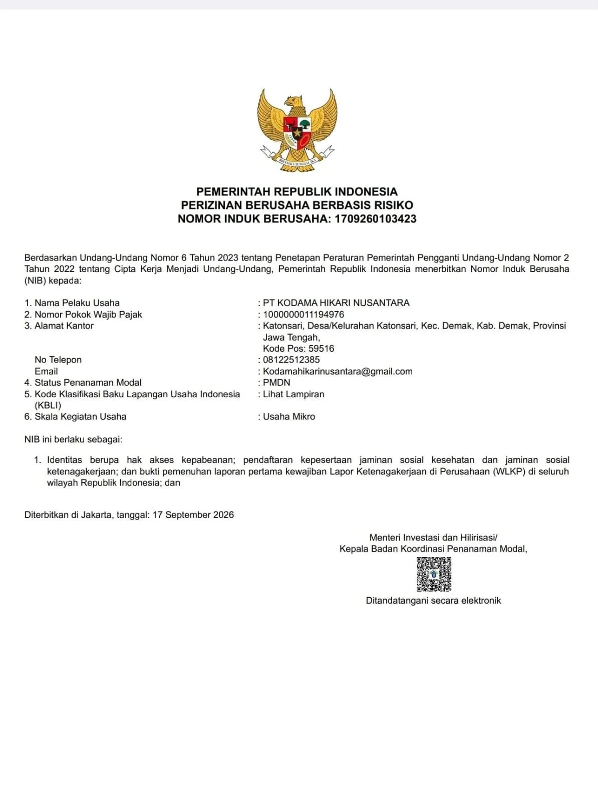 Dokumen Nomor Induk Berusaha PT Kodama Hikari Nusantara dari Pemerintah Republik Indonesia